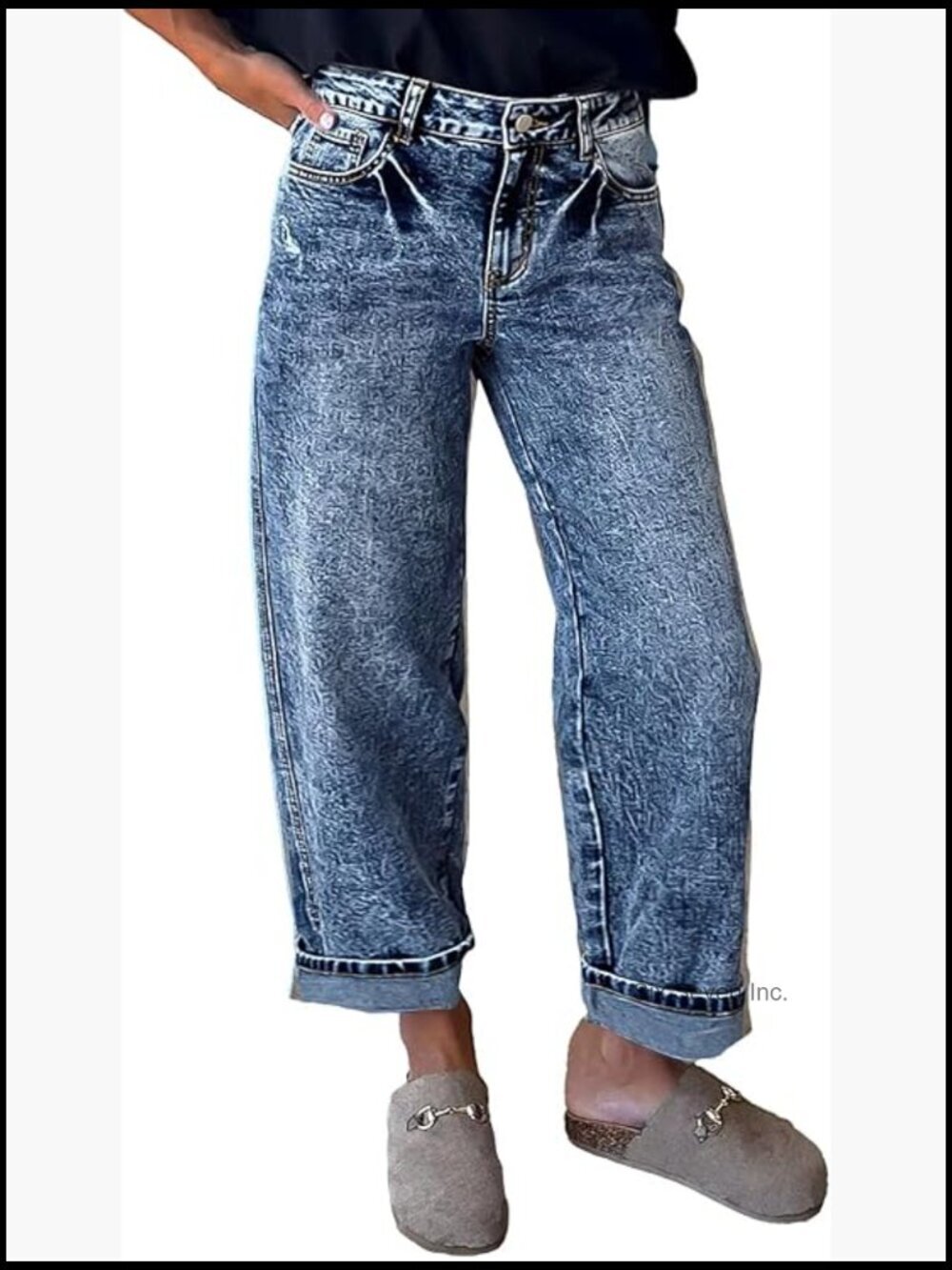 Straight Leg Cropped Roll Hem Boyfriend Jeans Mid Rise Denim